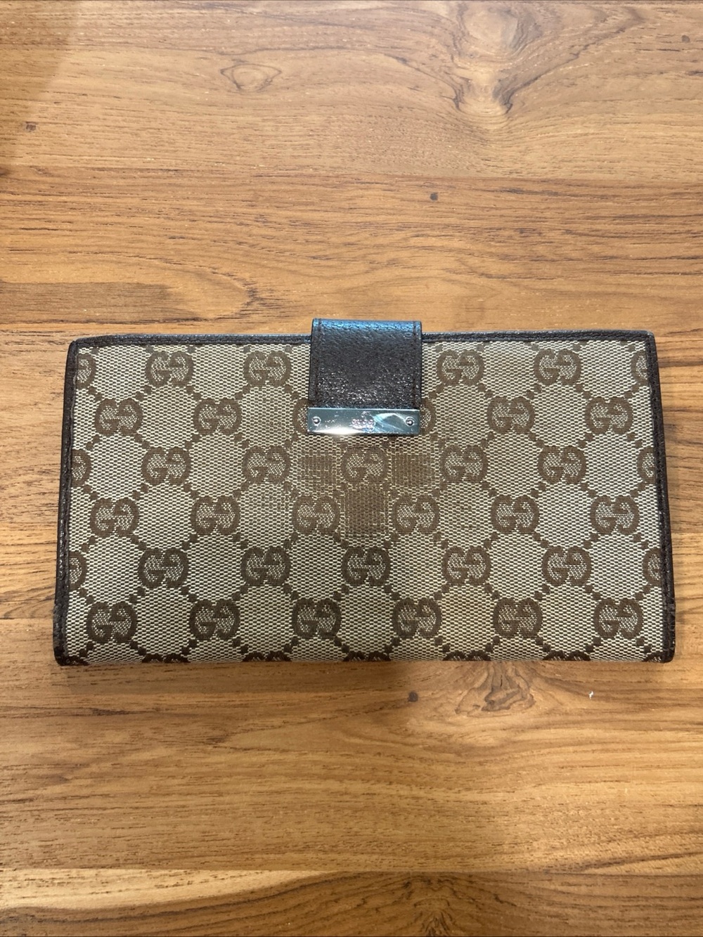 Gucci GG Plus Monogram Icon Bar Continental Flap Long Wallet Dark Brown Beige
